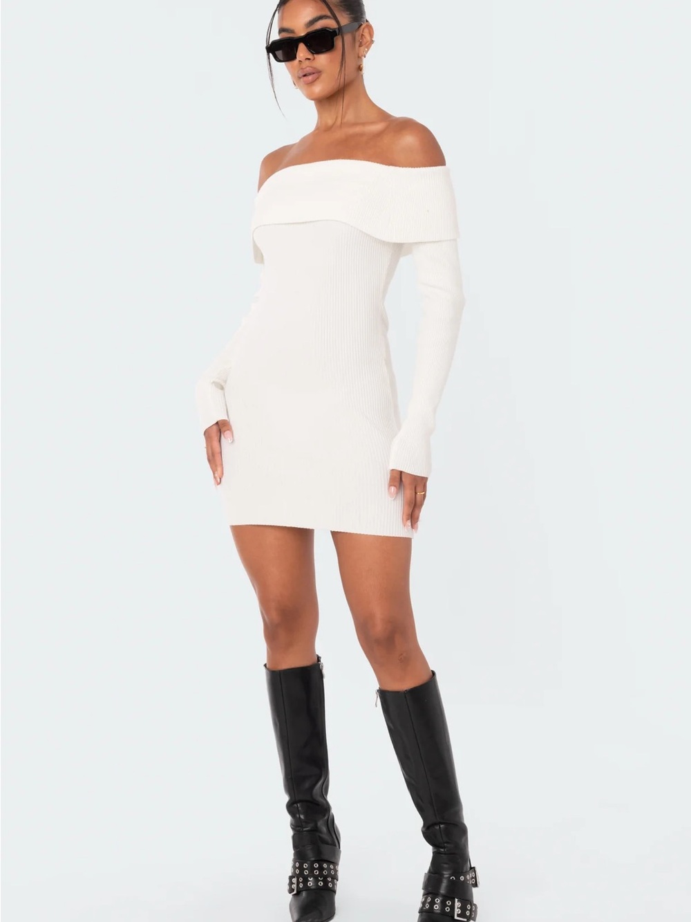 Edikted xs s White Ribbed Off-Shoulder Mini Dress foldover emma sweater knit